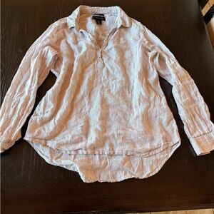 Tahari Tan & White Striped 100% Linen Button Top